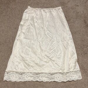 Elegant Vintage Cream Lace Trim Midi Slip Skirt